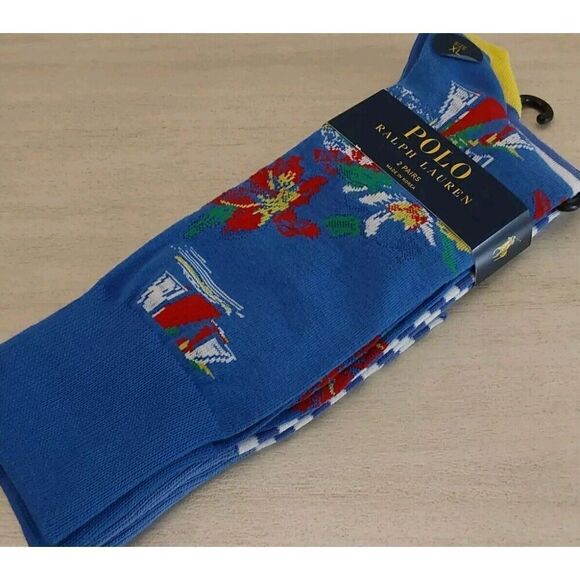 Polo Ralph Lauren Mens Crew Socks Polo Paradise Print Blue 2-Pair Sz XL 13-16 - Picture 3 of 8